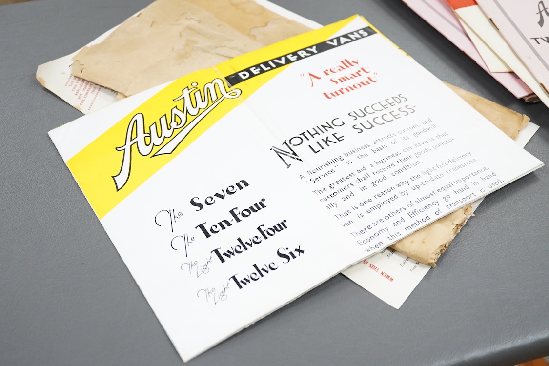 A small collection of 1930s Austin Motor Company Ltd. related documents, mainly referring to the Austin Twelve Four, the Twelve Six, etc. including; a poster advertising the Austin delivery vans, booklets listing spare p